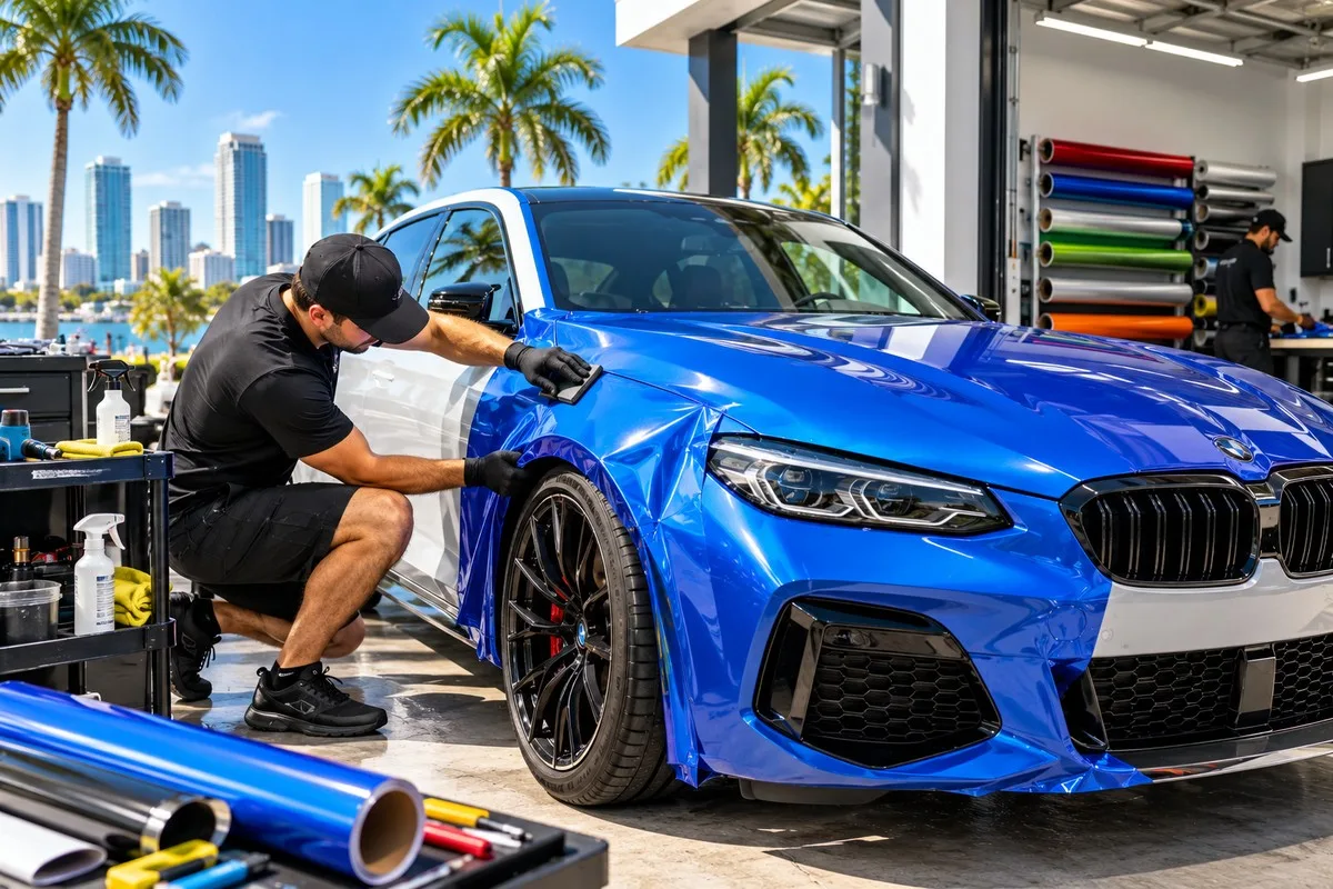 Installer applying blue vinyl wrap to a coupe in the shop