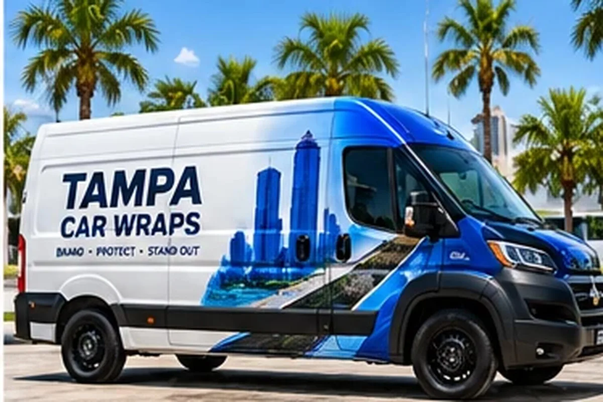 White cargo van with blue Tampa Car Wraps fleet graphics