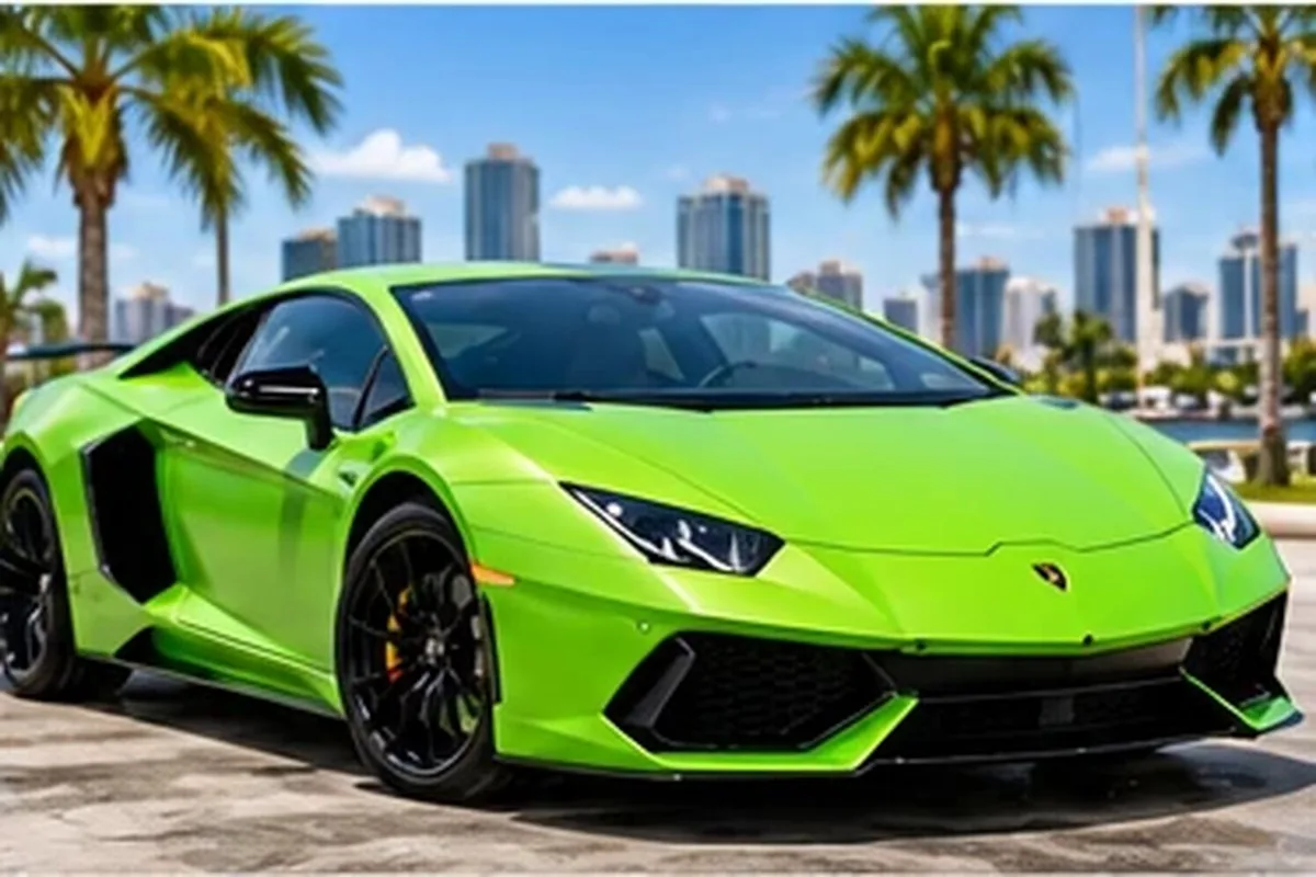 Lime-green wrapped Lamborghini parked under palm trees