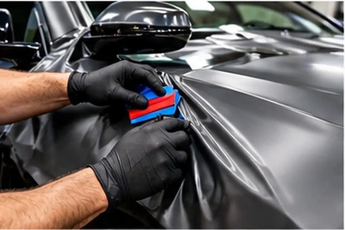 Installer applying dark vinyl to a car hood
