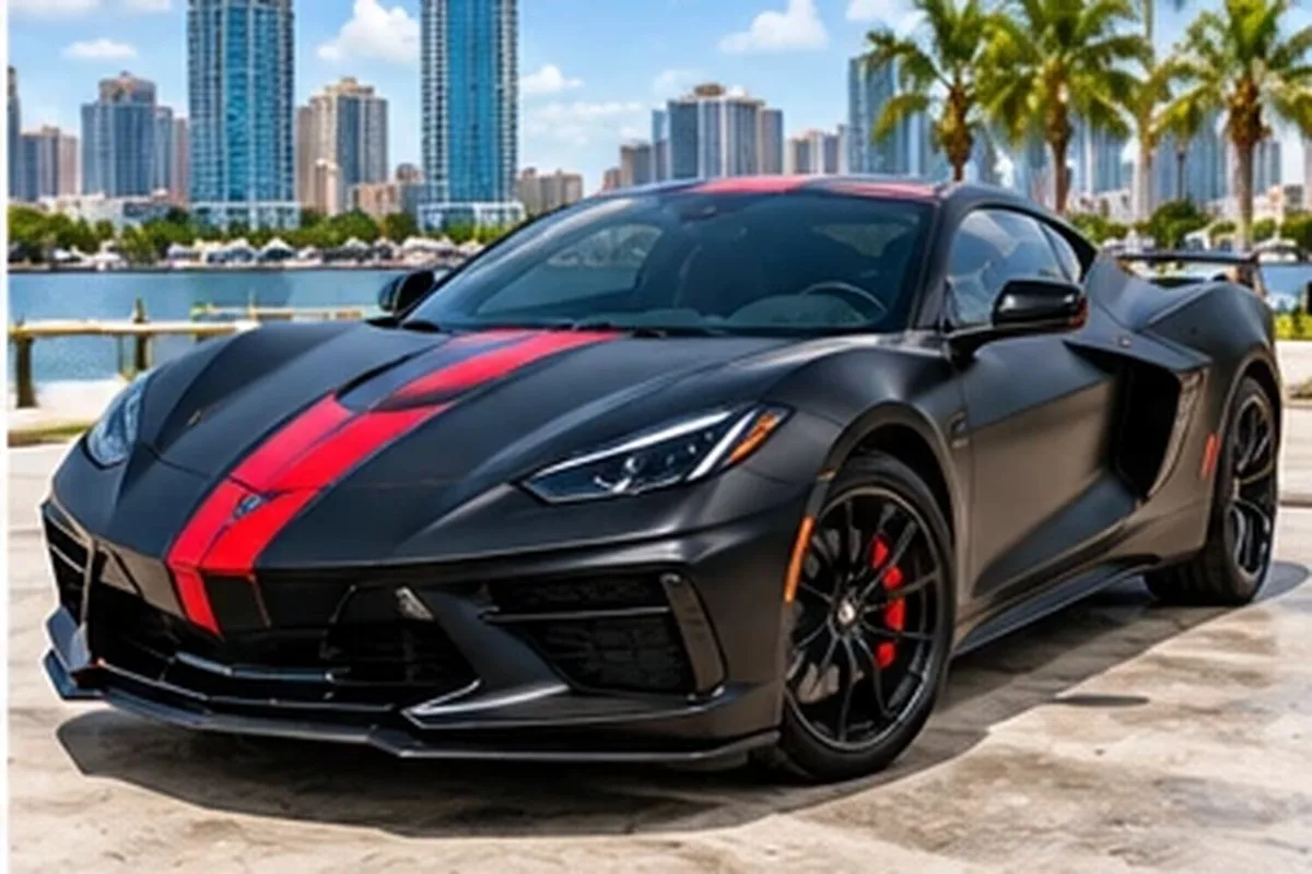 Black Corvette with a red racing stripe by the water
