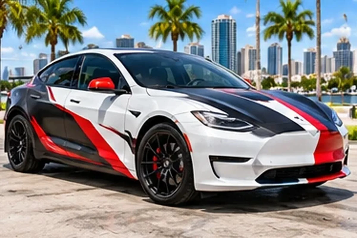 White sport sedan with black hood and red racing graphics