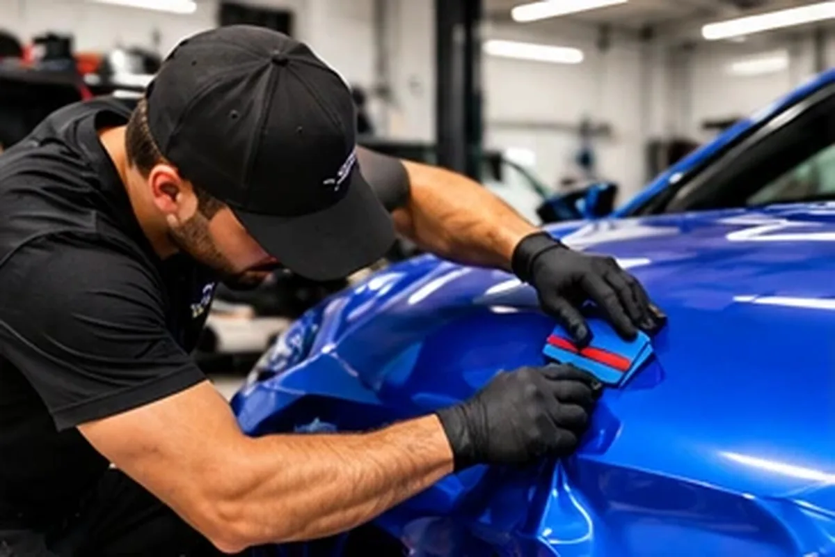 Installer squeegeeing glossy blue vinyl onto a car panel